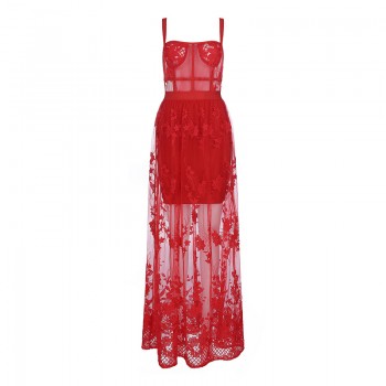 Red Lace Sleeveless Hollow Out Long Rayon Bandage Dress Evening Party Elegant Dress